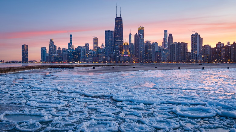 Frozen Lake Michigan with Chicago skyline