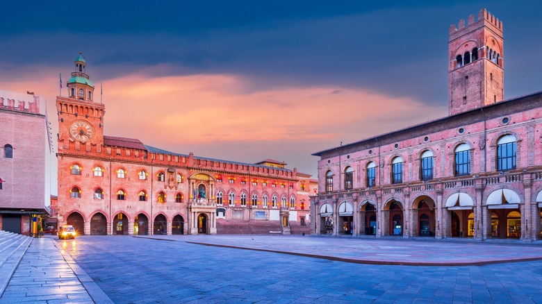Square in Bologna, Italy, at sunset