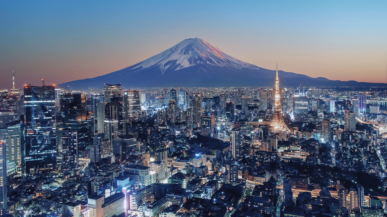 Tokyo at sunset with city lights and Mt. Fuji in background