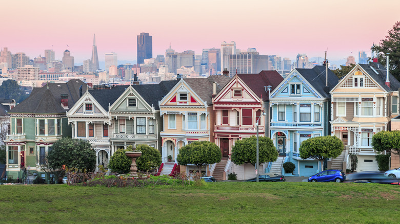 Colorful homes in a row, modern San Francisco skyline in the background