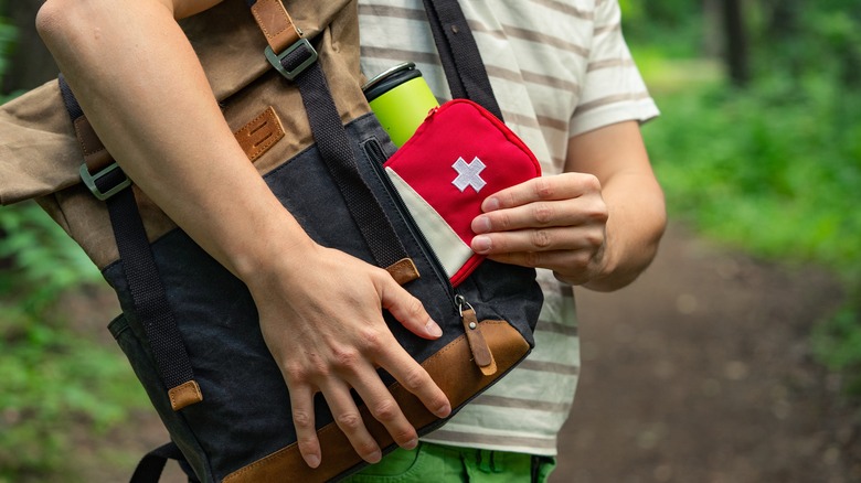 Close up of first aid kit in backpack