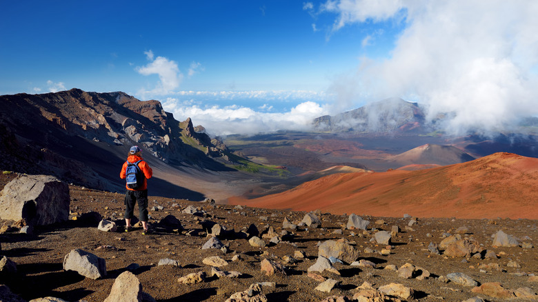 tourist gazing at volcanic landscape in Hawaii