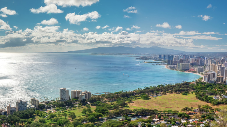 aerial view of coast and city of Honolulu in Oahu, Hawaii