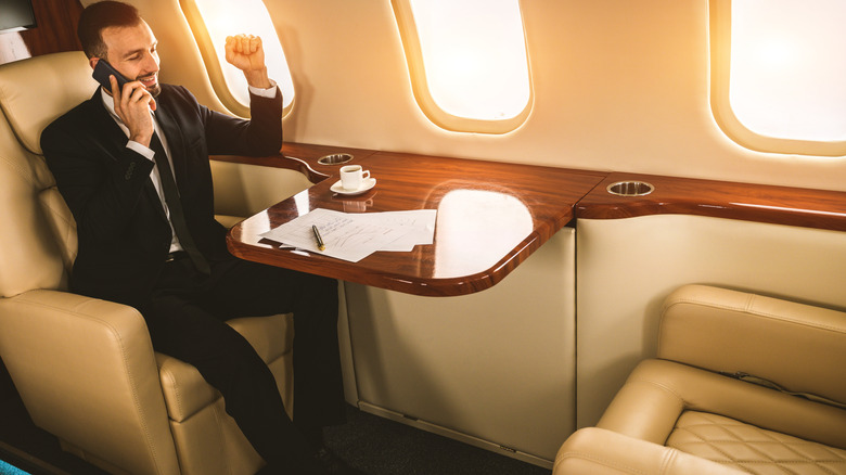 Business man sits in a plane in first class