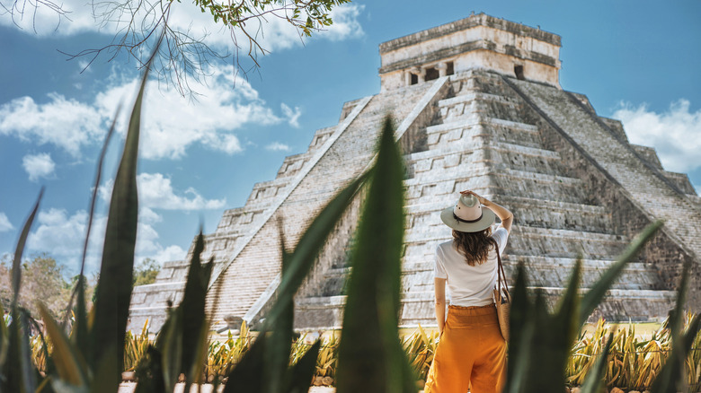 woman at Mayan temple
