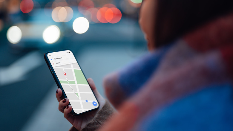 Traveler holding a smart phone with Google Maps on the screen