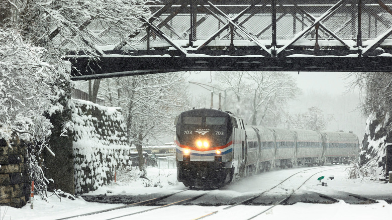 Amtrak train during a snow storm