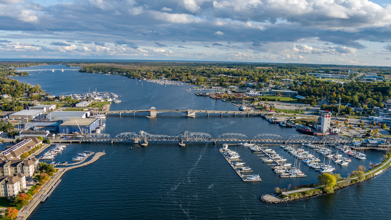 Sturgeon Bay, Wisconsin's two bridges going across the thin bay with the small town on both sides
