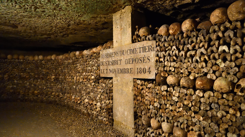 A wall made of skeletons in The Catacombs