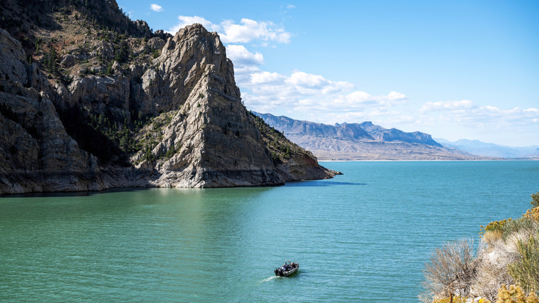 looking out over Buffalo Bill Reservoir in Buffalo Bill State Park Wyoming