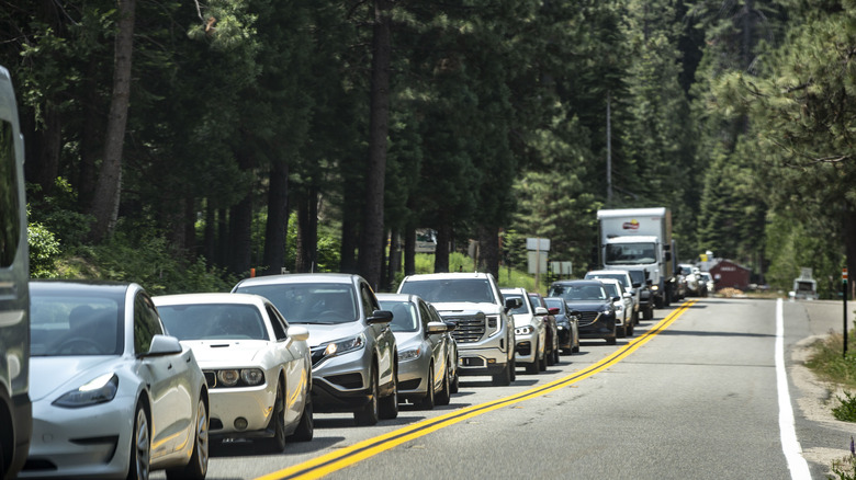 Lines of cars waiting to get into Yosemite National Park