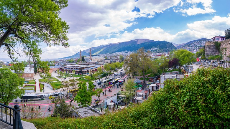 A view looking down at the historic district of the ancient Ottoman city of Bursa, Turkey