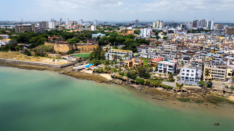 an aerial view of the coastline of Mombasa, Kenya including the historic Fort Jesus